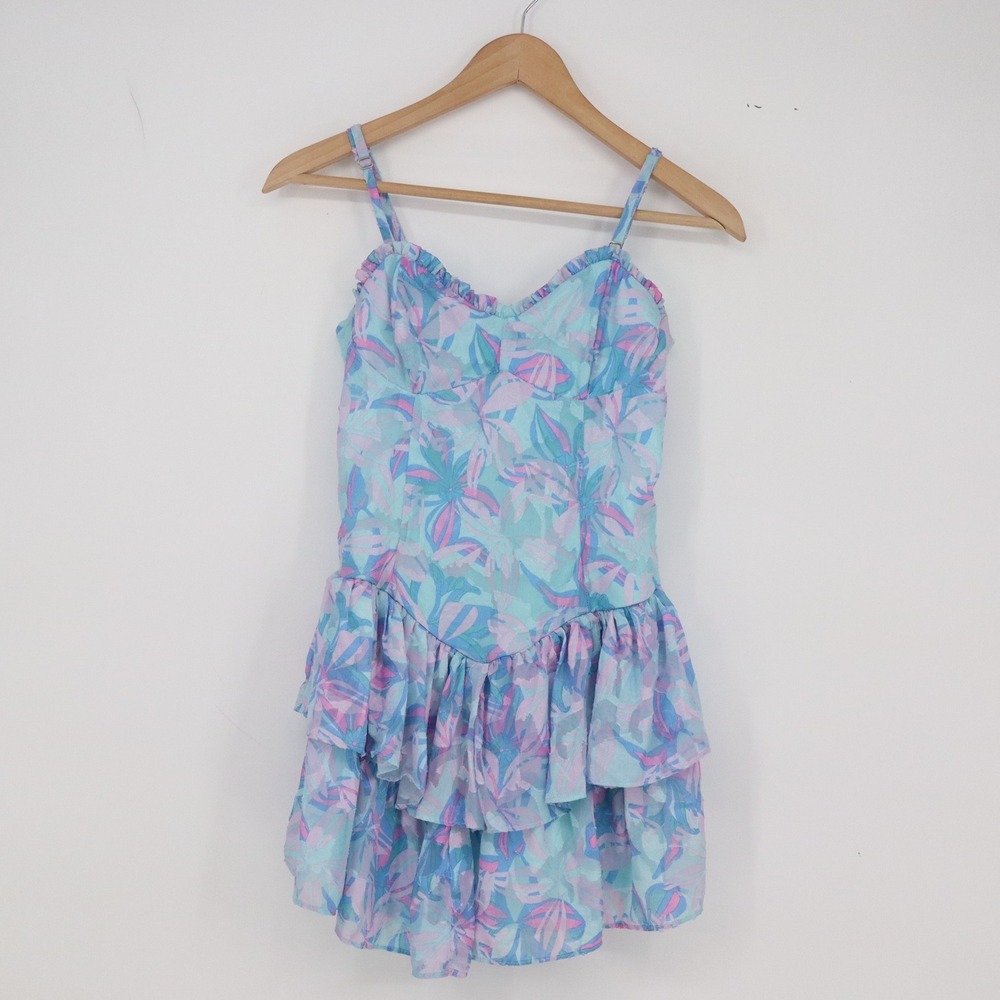Wild Fable Mini Dress Womens S Ruffle Tiered Blue Floral Spaghetti Strap EC